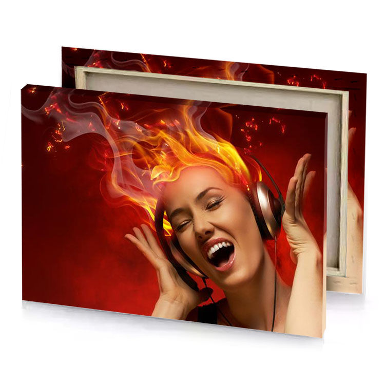 a woman with headphones on is smiling zinnwaldite brown canvas