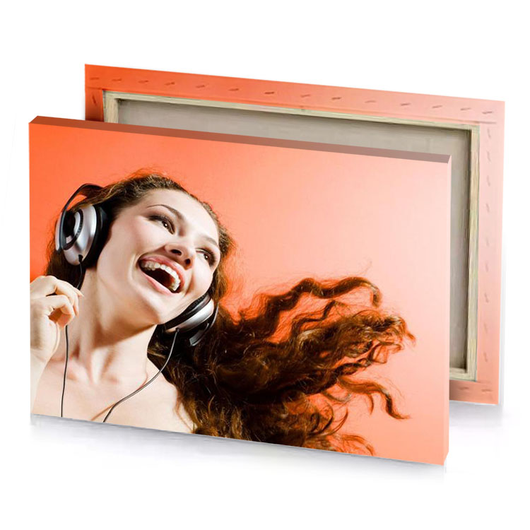 a woman with headphones on saddle brown canvas