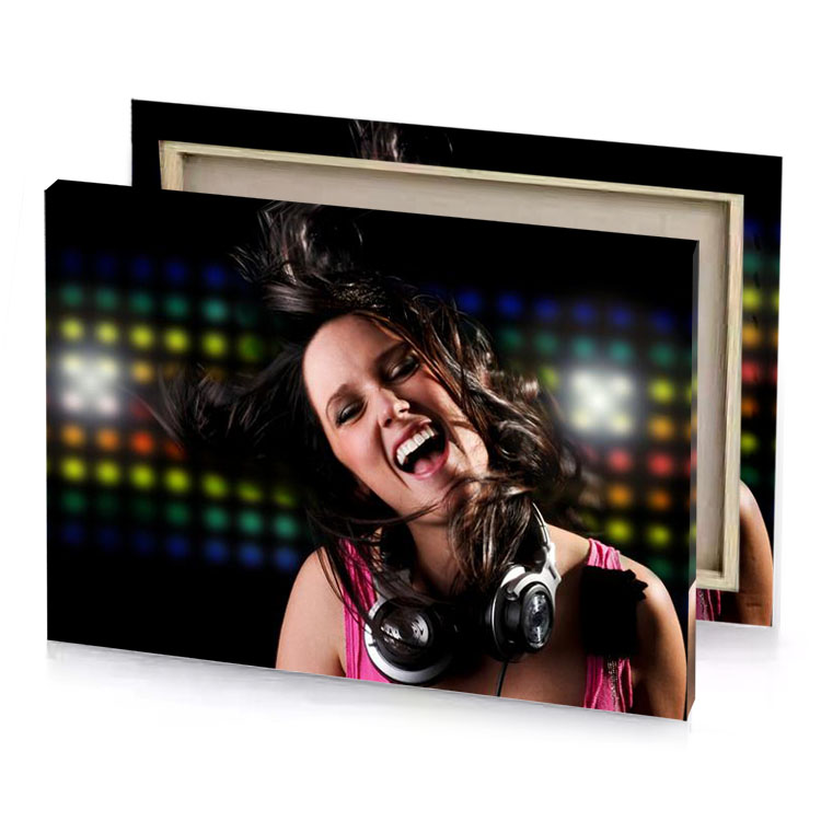 a woman with headphones on singing into microphone smoky black canvas