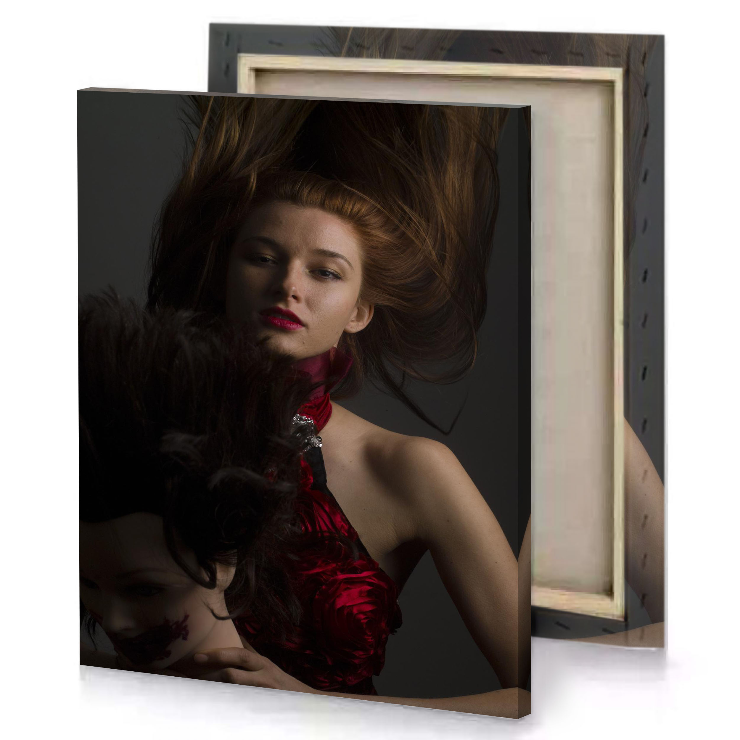 a woman with her hair blowing in the wind smoky black canvas