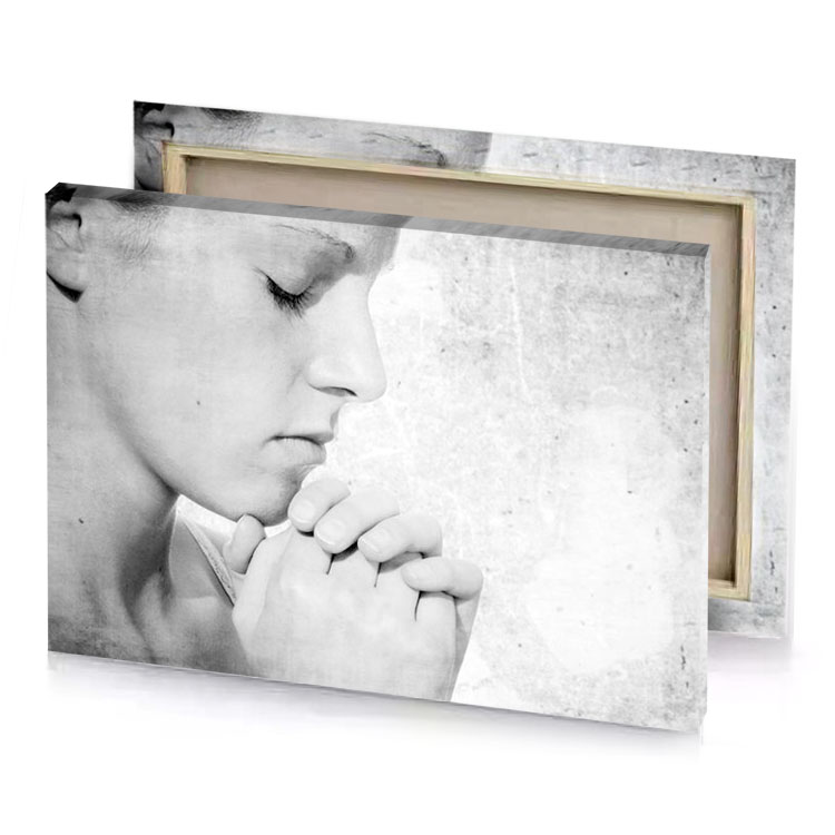 a woman with her hands claspeding face white smoke canvas