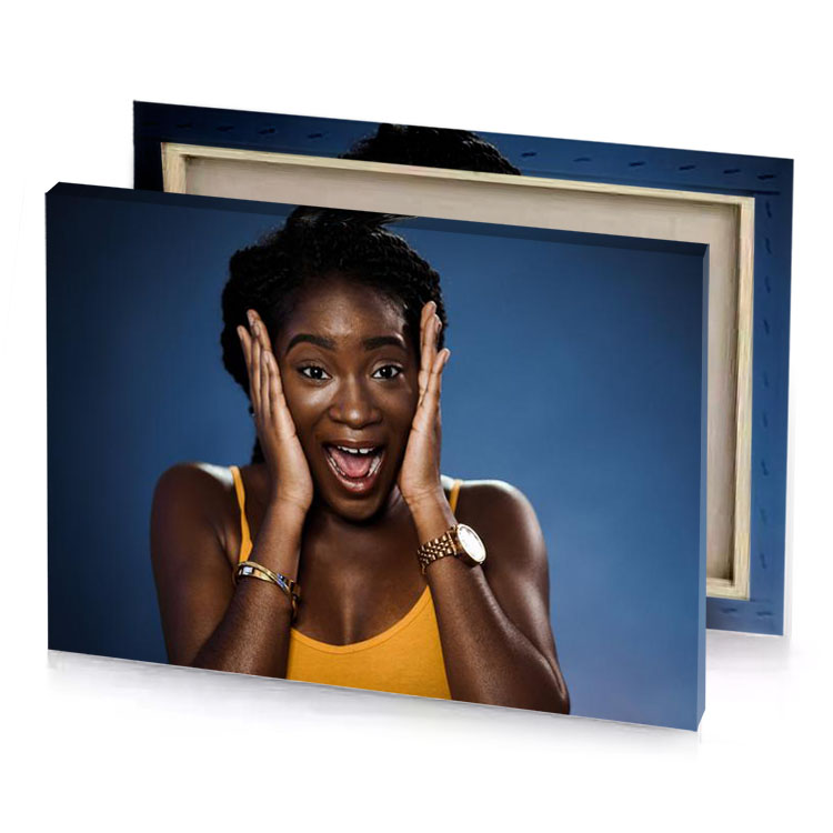 a woman with her hands on face dark cornflower blue canvas
