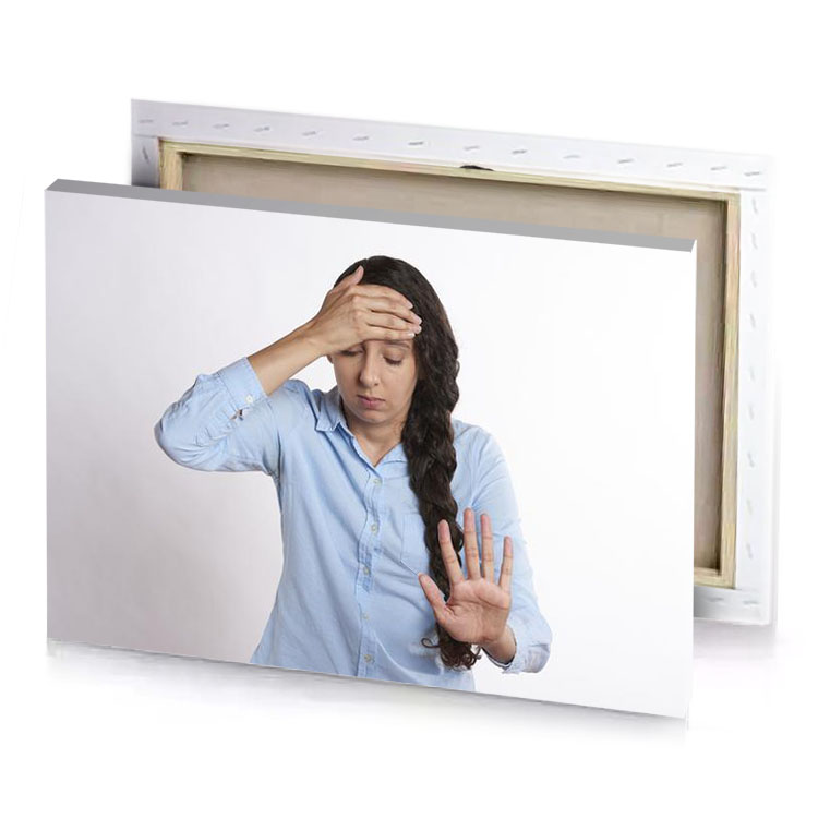 a woman with her hands on head white smoke canvas