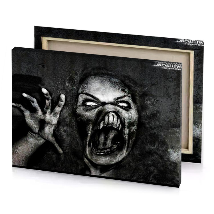 a woman with her hands up and face painted black silver canvas