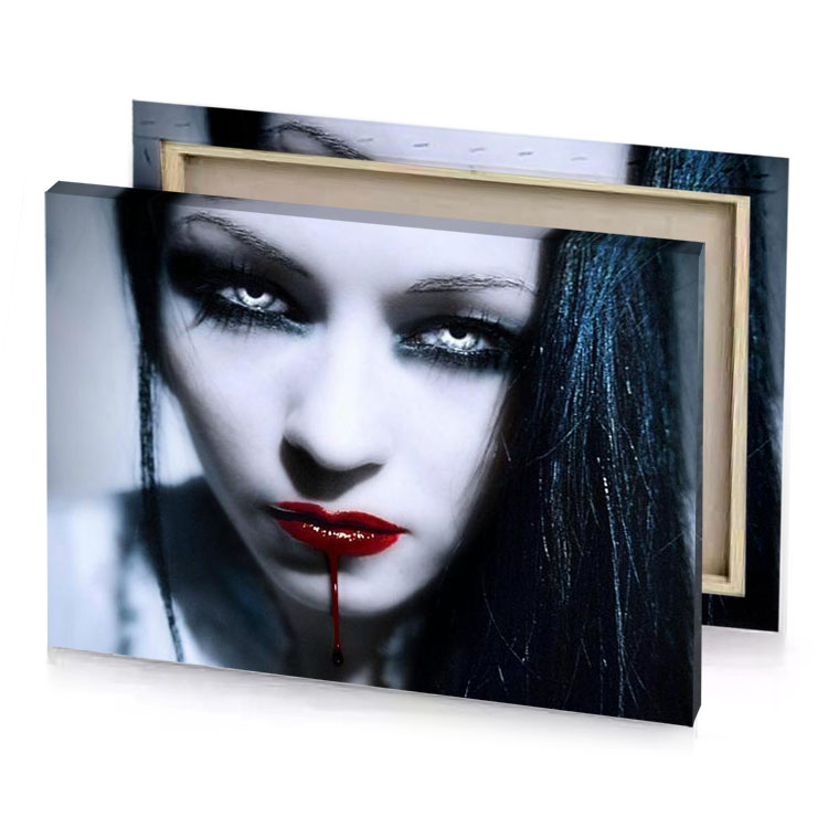 a woman with long black hair and red lipstick light steel blue canvas