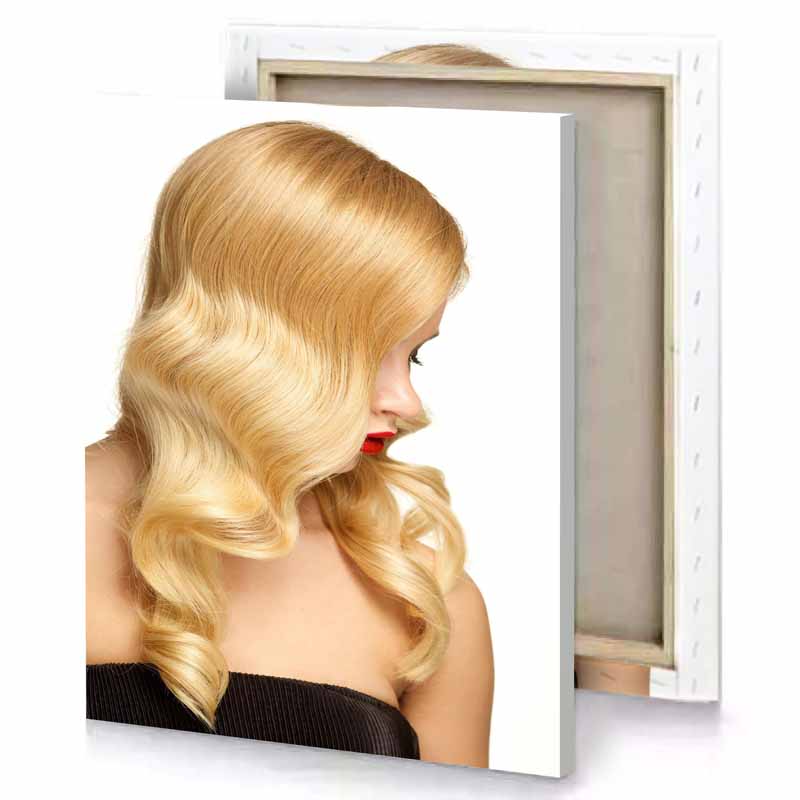 a woman with long blonde hair and black dress white canvas
