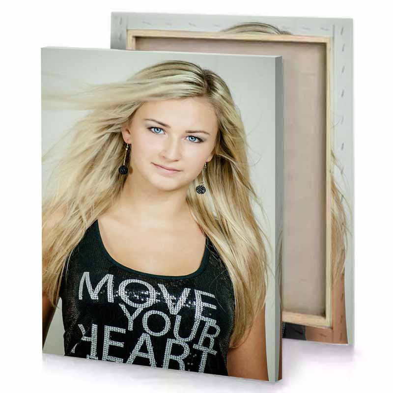 a woman with long blonde hair and blue eyes tan canvas