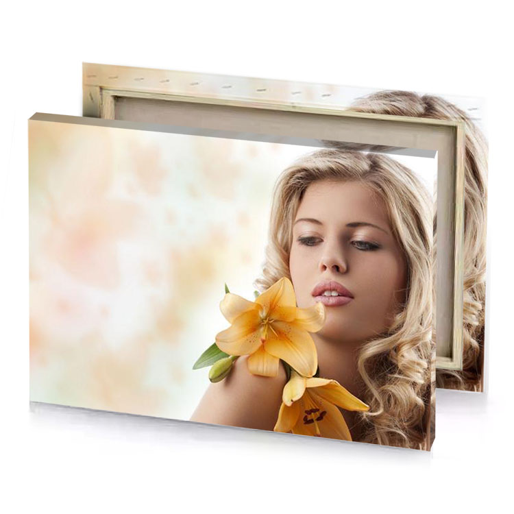 a woman with long blonde hair and flower in her linen canvas