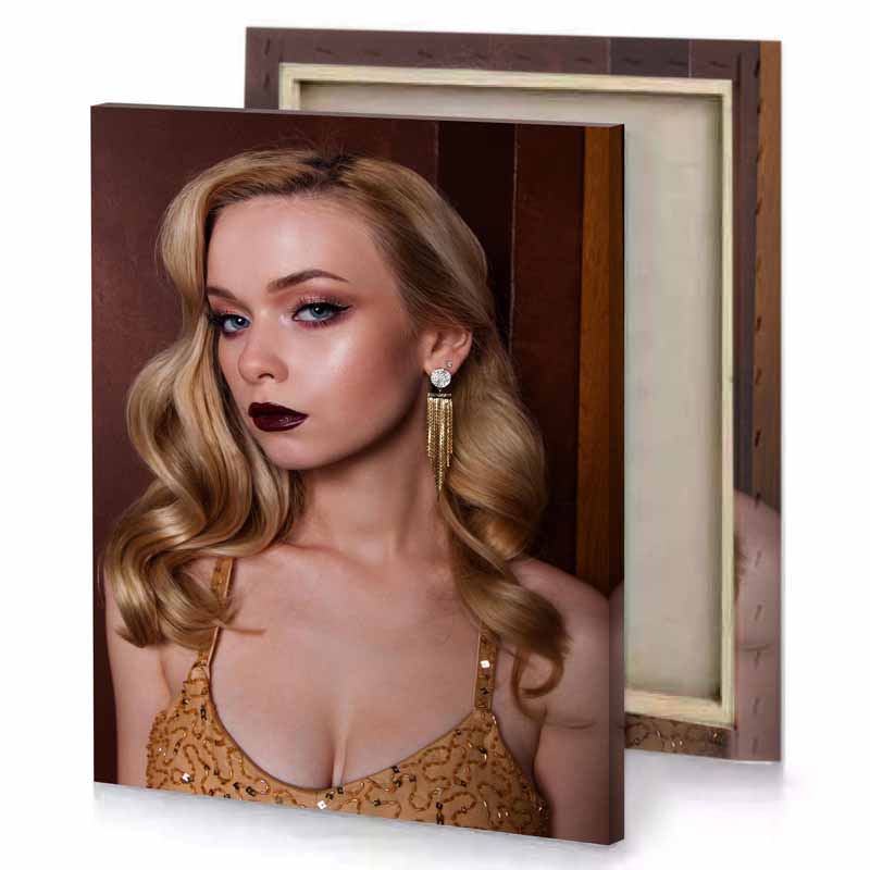 a woman with long blonde hair and gold dress bistre canvas