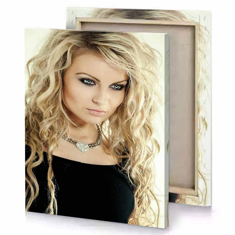 a woman with long blonde hair and necklace tan canvas