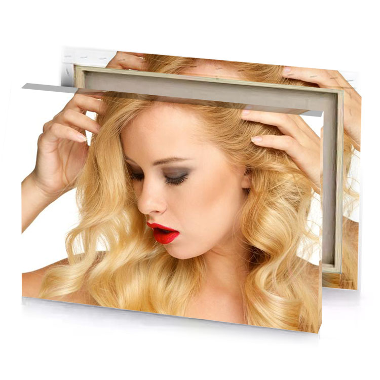 a woman with long blonde hair and red lipstick snow canvas