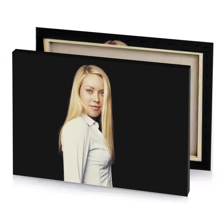 a woman with long blonde hair and white shirt smoky black canvas