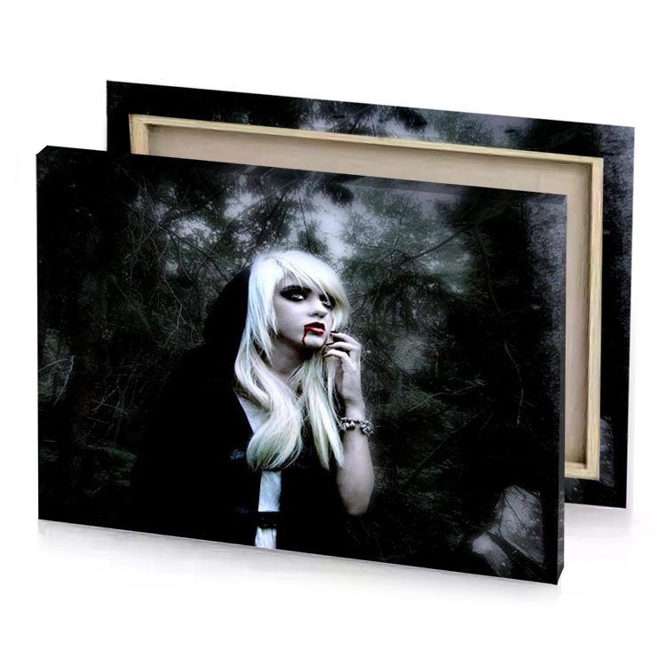 a woman with long blonde hair smoky black canvas