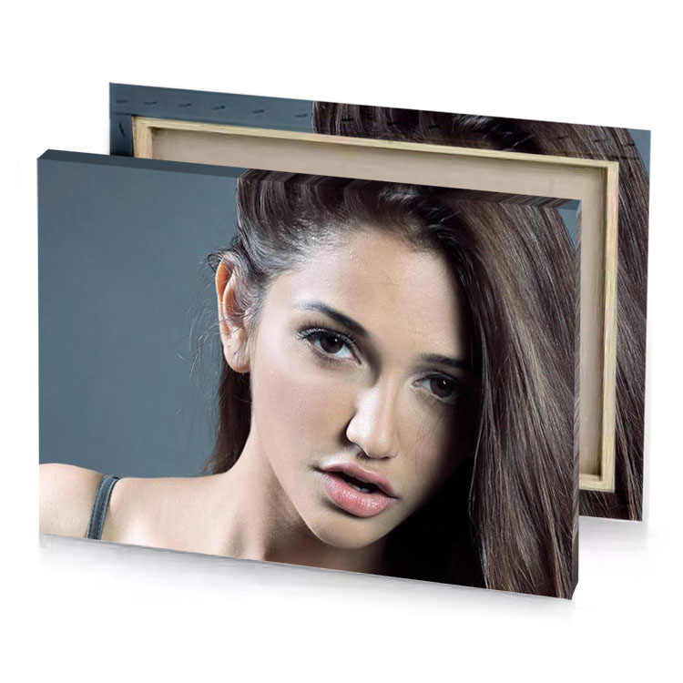 a woman with long brown hair and black bra dim gray canvas