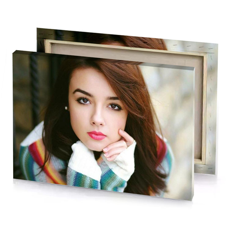 a woman with long brown hair and colorful sweater bistre canvas