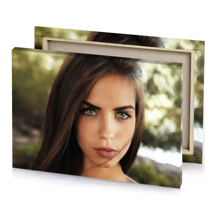 a woman with long brown hair and green eyes dark olive canvas