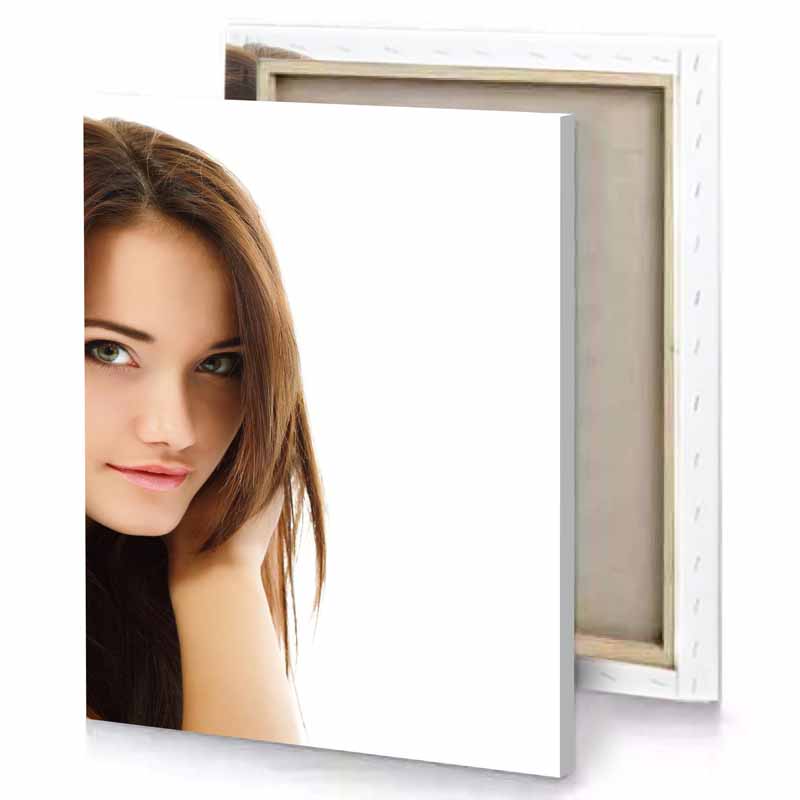 a woman with long brown hair and green eyes white canvas