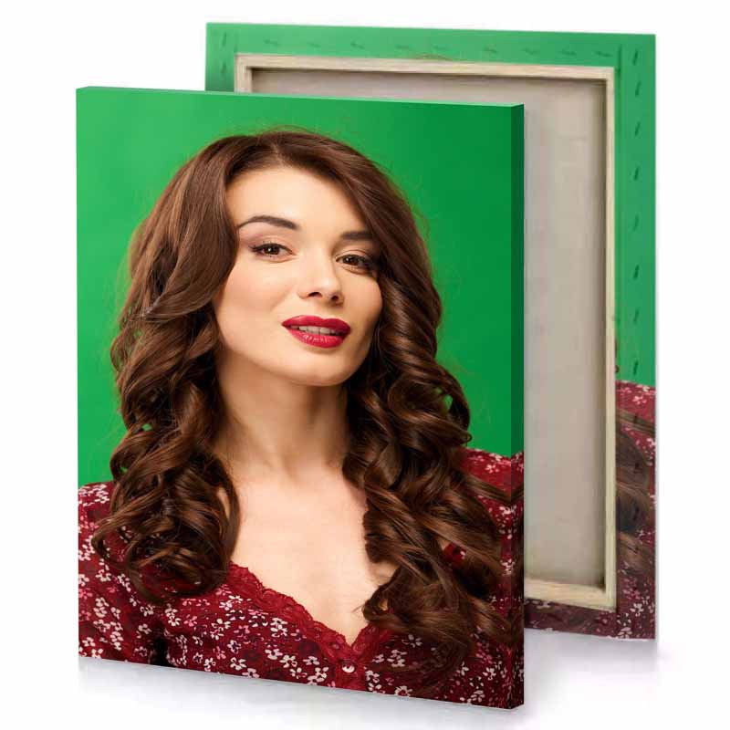 a woman with long brown hair and red dress shamrock green canvas