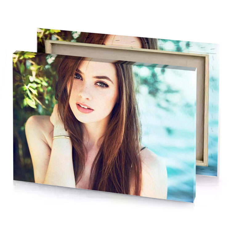 a woman with long brown hair and white shirt pale turquoise canvas