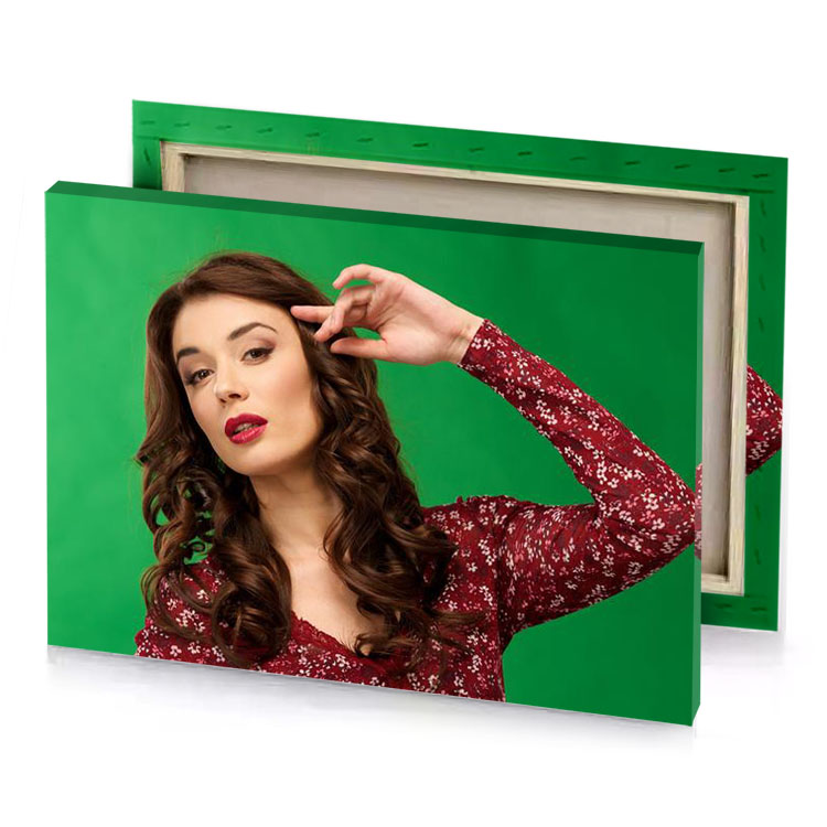 a woman with long brown hair forest green canvas