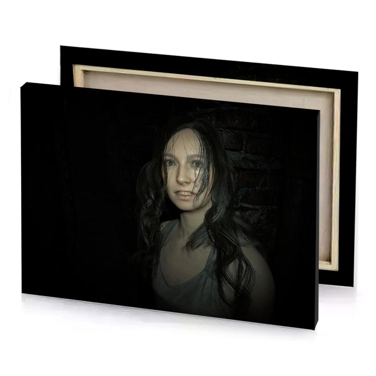 a woman with long hair and black dress canvas