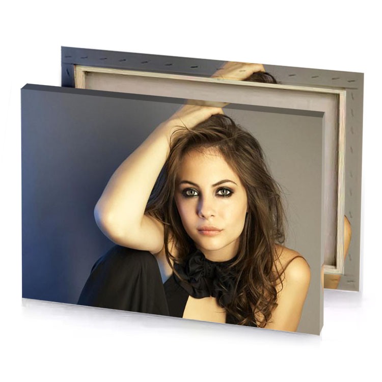 a woman with long hair and black dress dark slate blue canvas