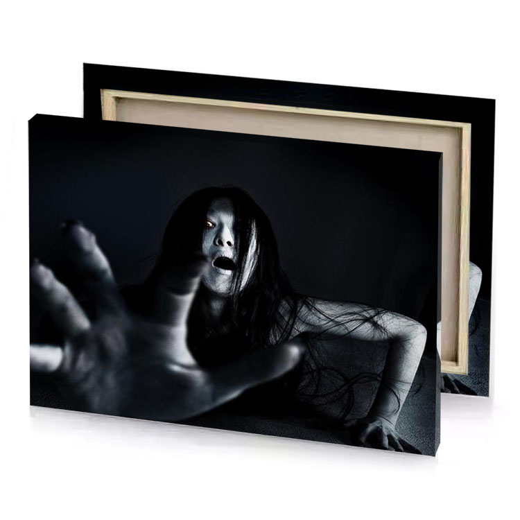 a woman with long hair and bloody face gray canvas