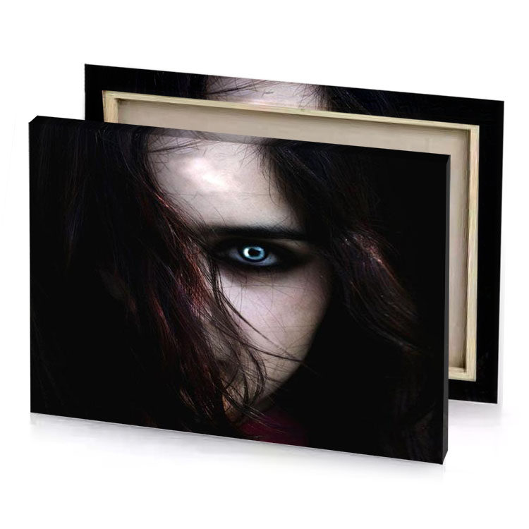a woman with long hair and blue eyes taupe canvas