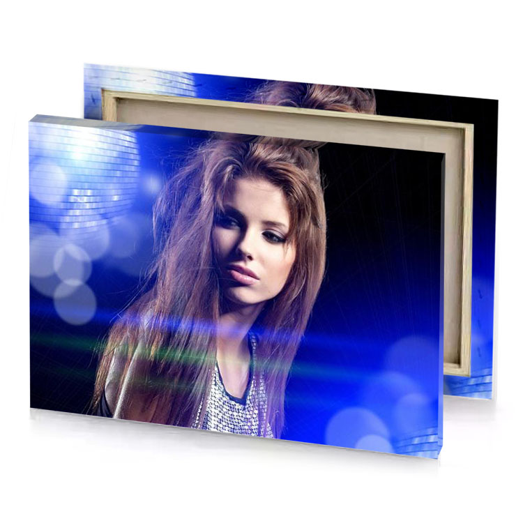 a woman with long hair and disco ball in the sapphire canvas