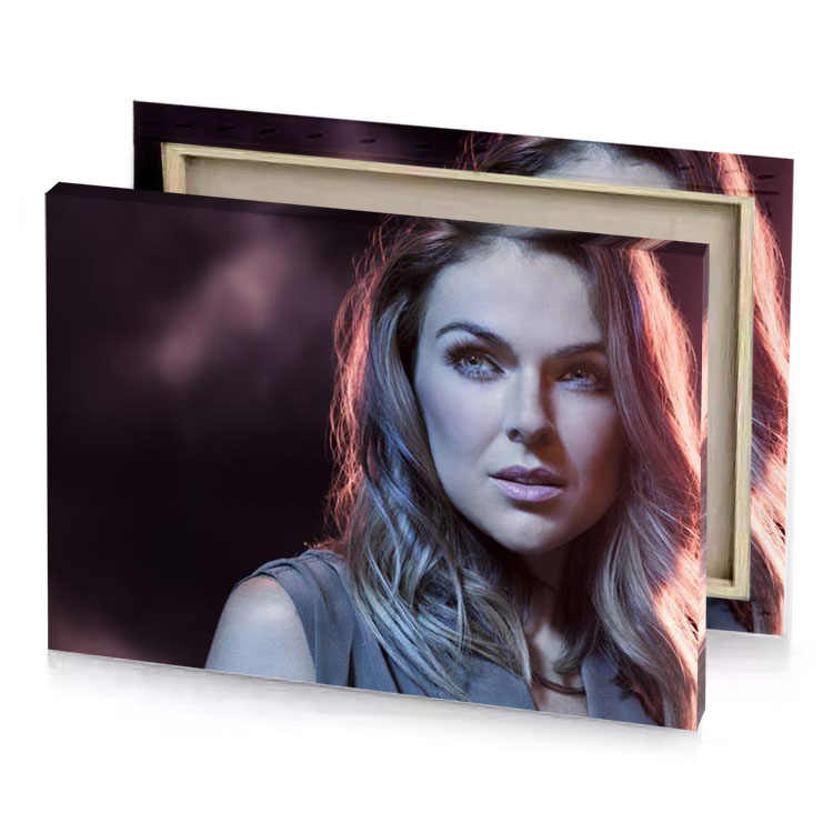 a woman with long hair and grey dress smoky black canvas