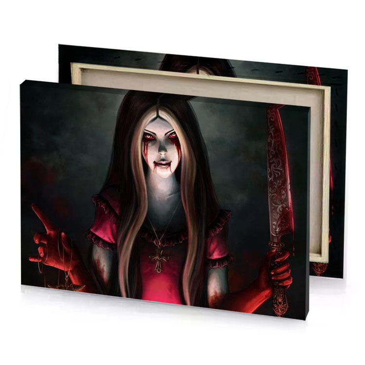 a woman with long hair and red dress holding knife smoky black canvas