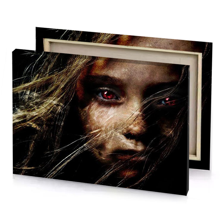 a woman with long hair and red eyes rosy brown canvas