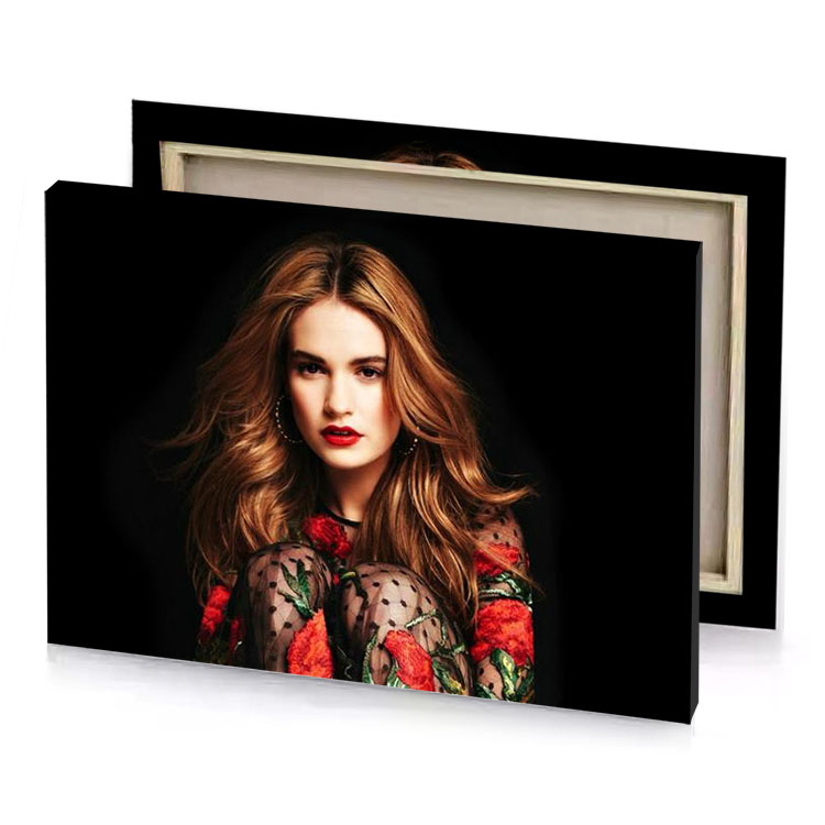 a woman with long hair and red lipstick black canvas