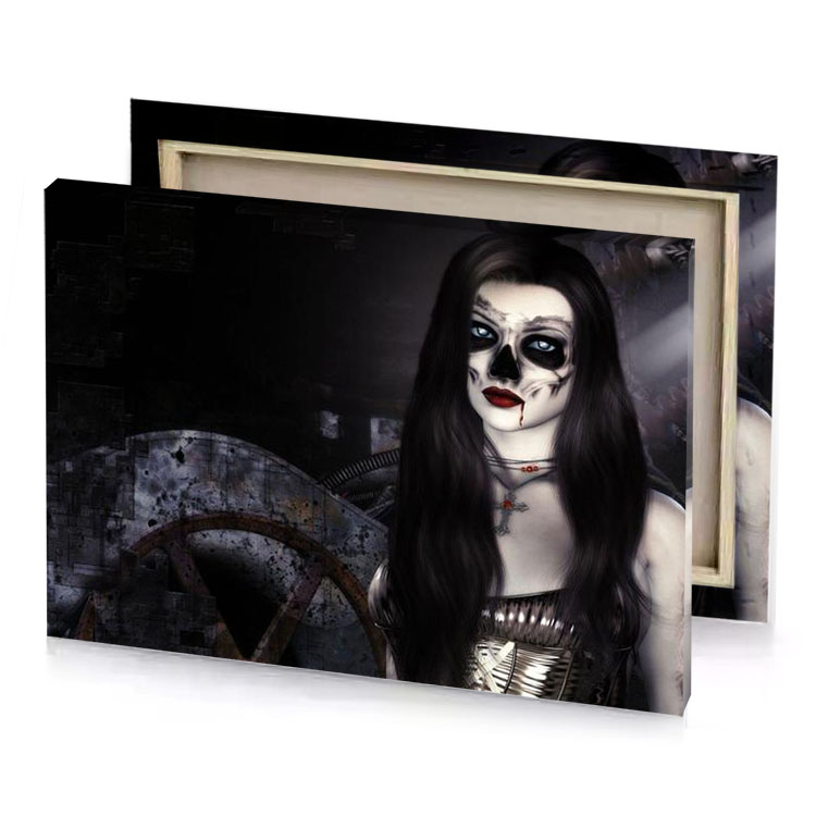 a woman with long hair and skeleton face smoky black canvas
