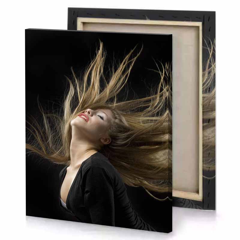a woman with long hair blowing in the wind smoky black canvas