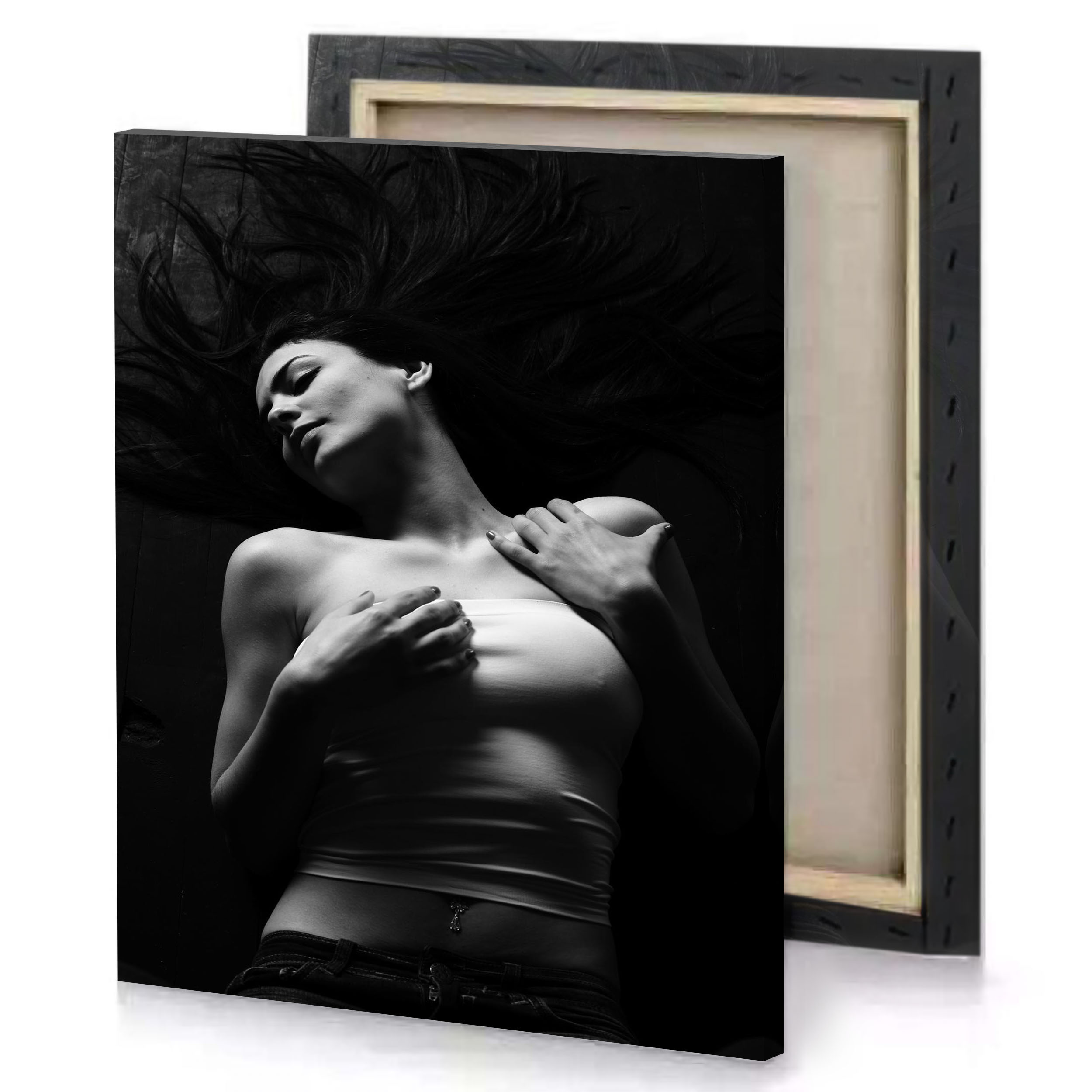 a woman with long hair laying on bed silver canvas