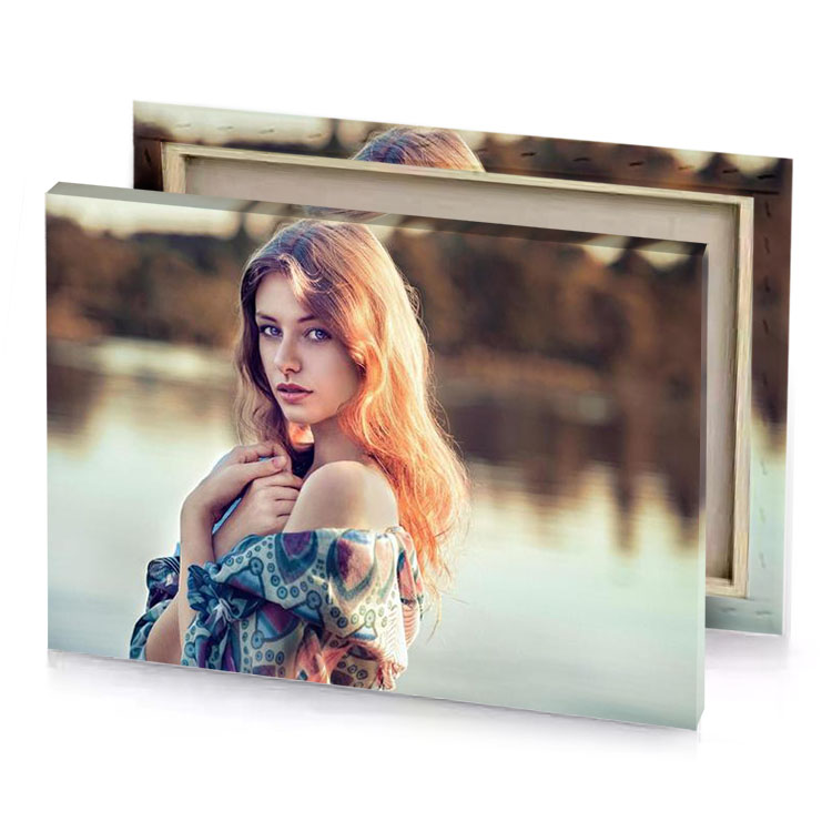a woman with long hair standing in front of lake silver canvas