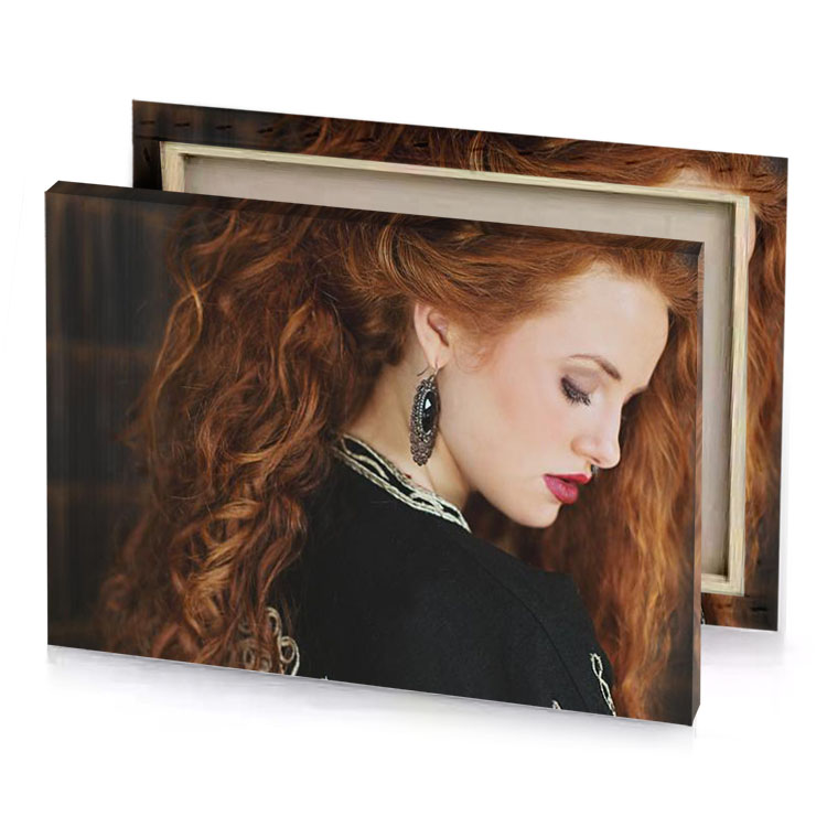 a woman with long red hair and black jacket bistre canvas