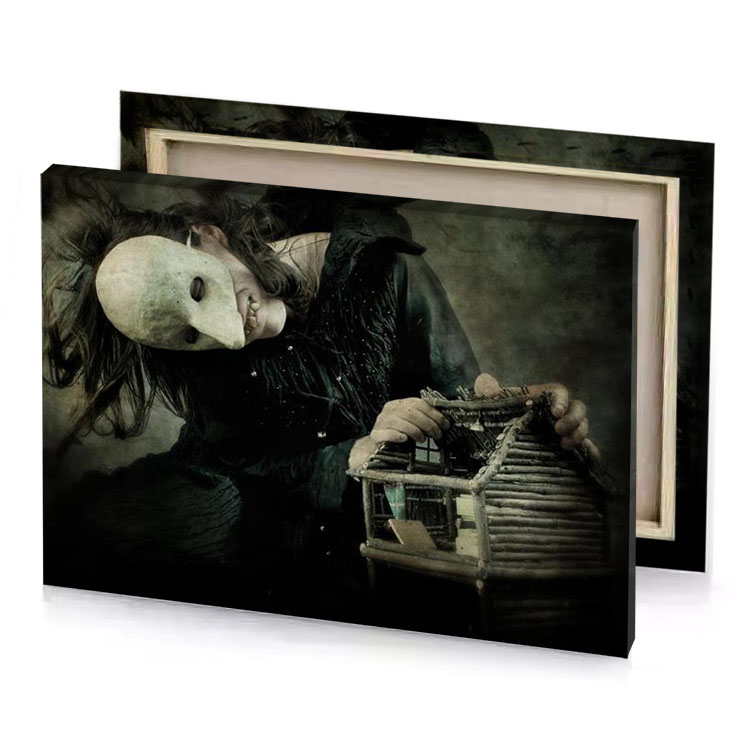 a woman with mask and typewriter rosy brown canvas