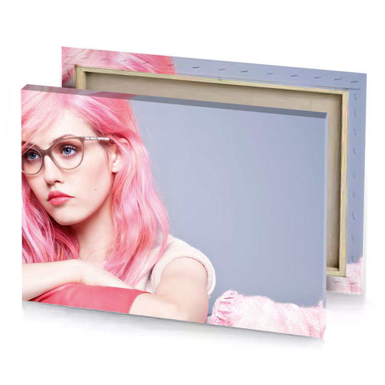 a woman with pink hair and glasses light steel blue canvas