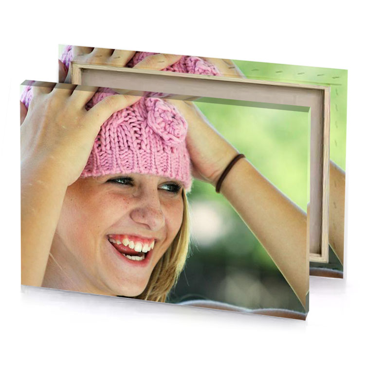 a woman with pink knit hat on seafoam green canvas