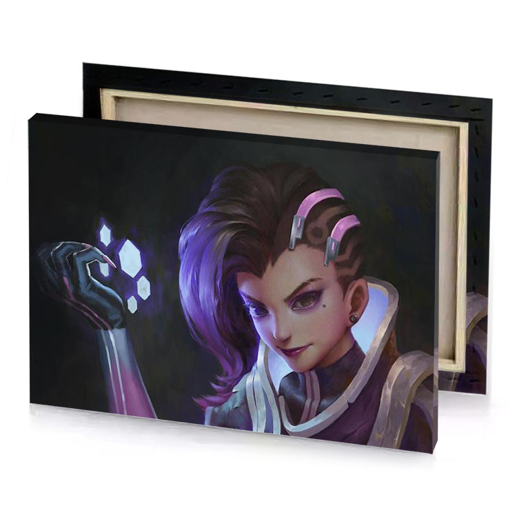 a woman with purple hair and dress holding light zinnwaldite brown canvas