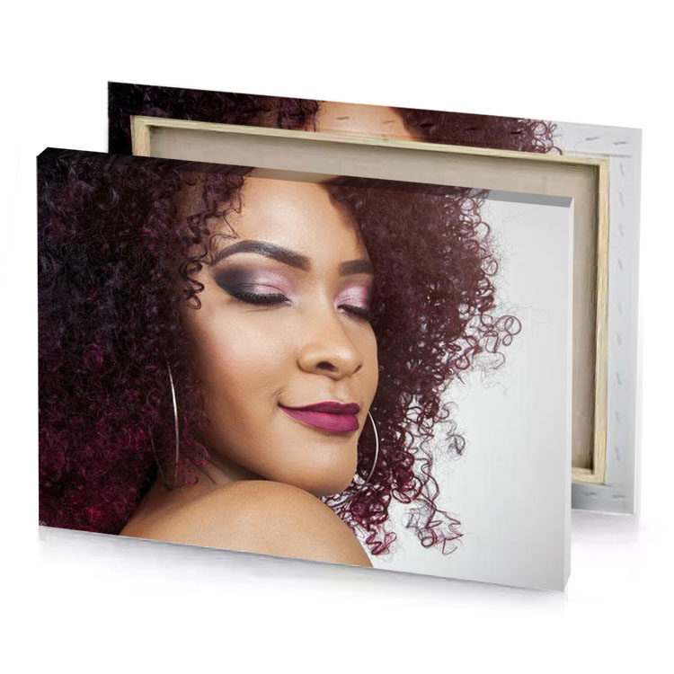 a woman with purple lipstick and pair of earrings zinnwaldite brown canvas