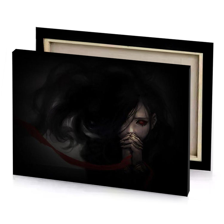 a woman with red eyes and black background bistre canvas