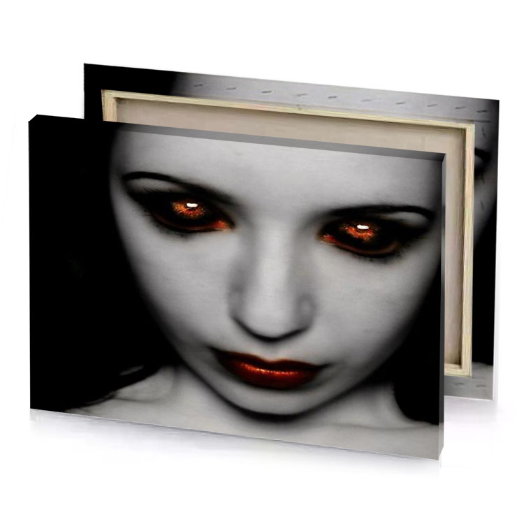 a woman with red eyes and black background canvas