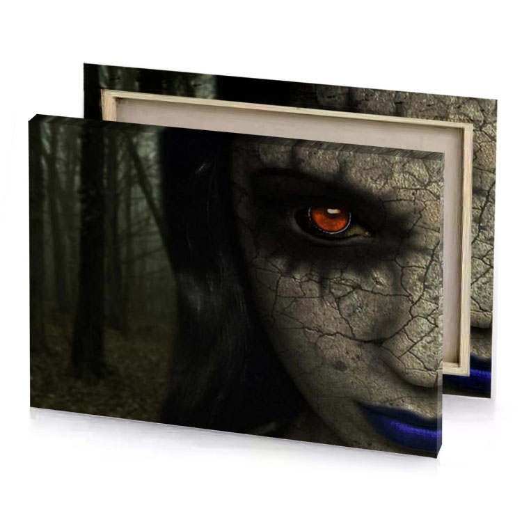 a woman with red eyes and black hair smoky canvas