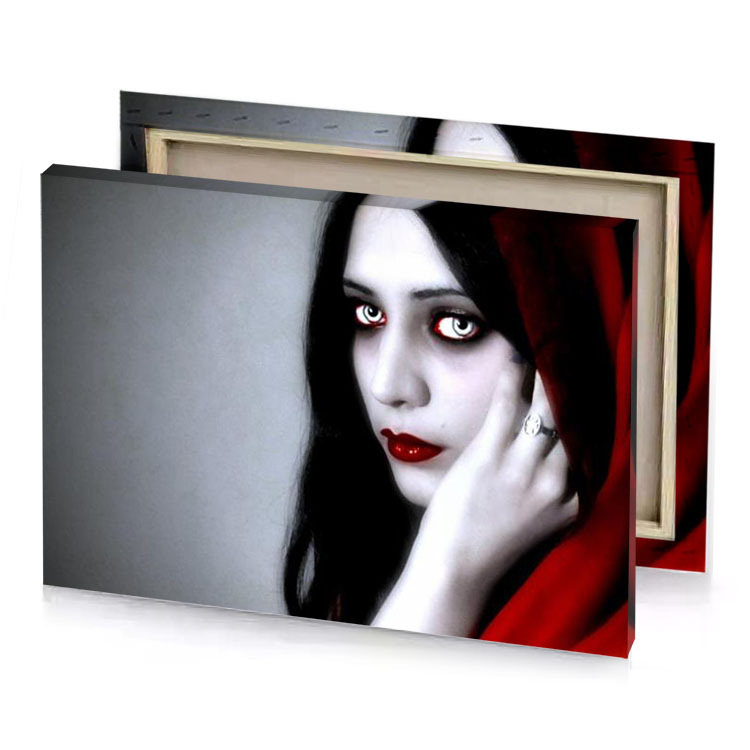 a woman with red eyes and scarf smoky black canvas