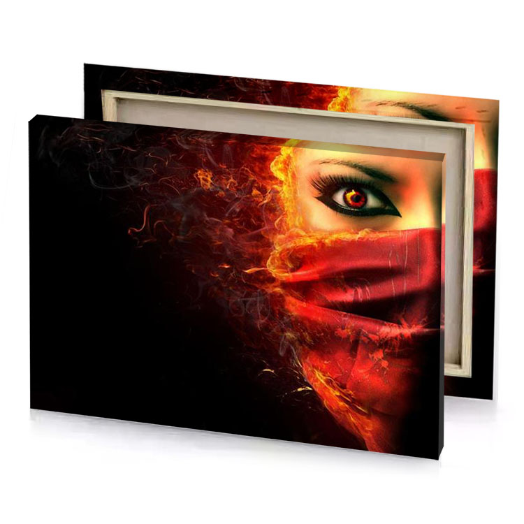 a woman with red face and black background bistre canvas