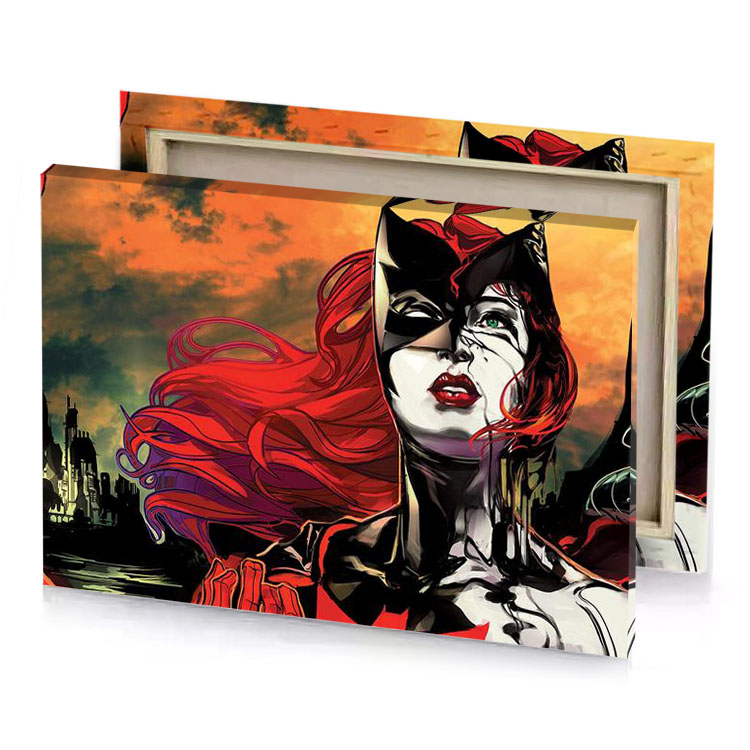a woman with red hair and black cat costume brown canvas