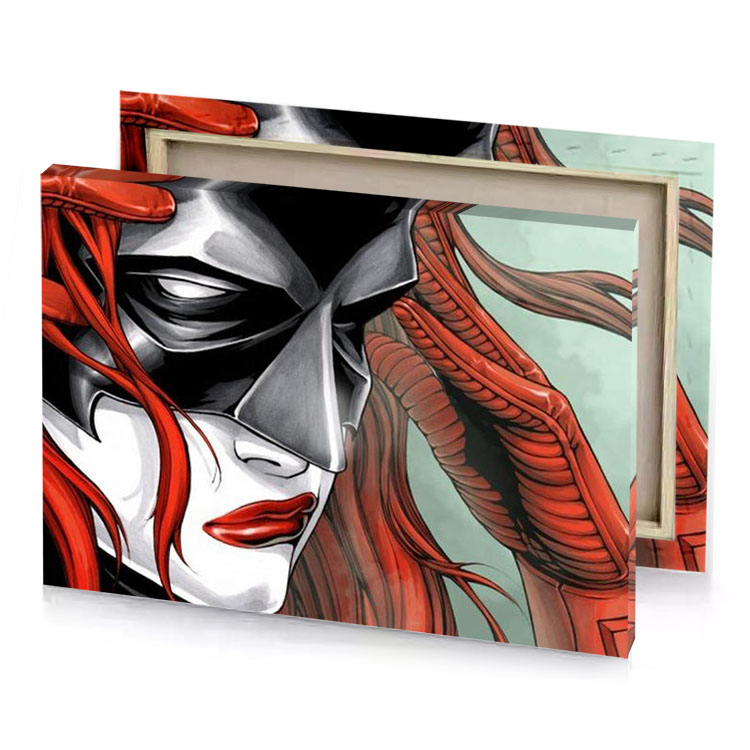 a woman with red hair and black mask garnet canvas